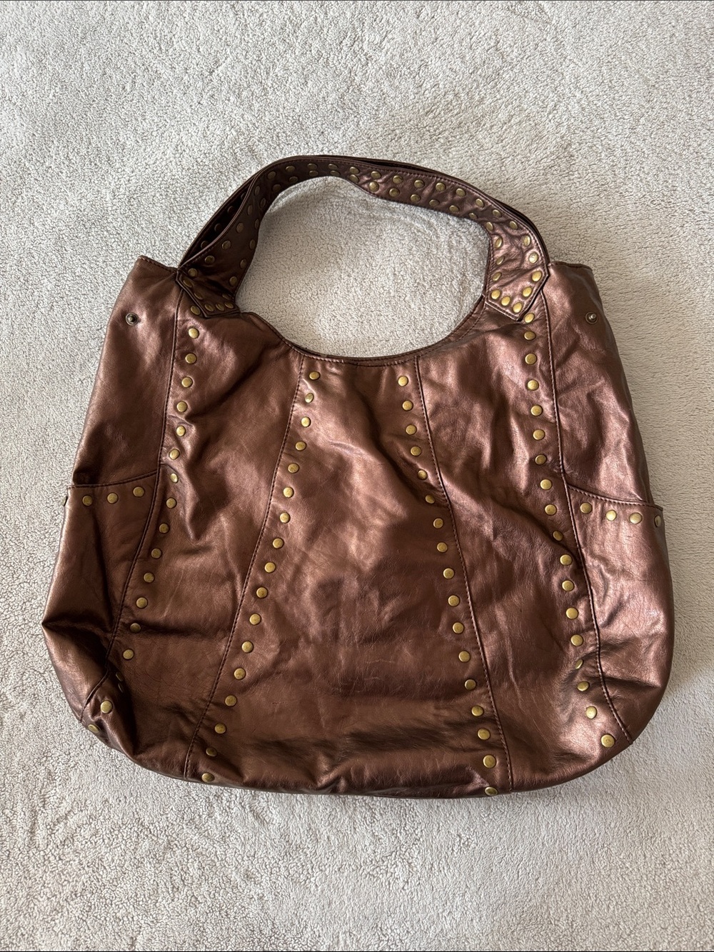 Vintage Style Metallic Bronze Studded Hobo Shoulder Bag|Large Slouchy Tote Purse